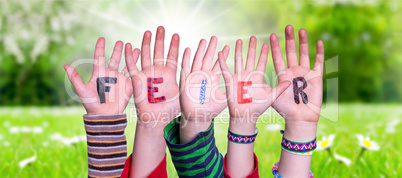 Children Hands Building Word Feier Means Celebration, Grass Meadow