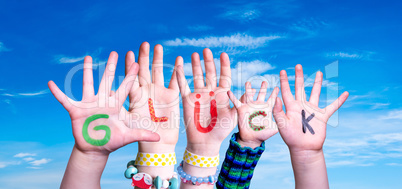 Children Hands Building Word Glueck Means Luck, Blue Sky