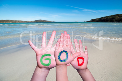 Children Hands Building Word God, Ocean Background