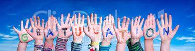 Children Hands Building Word Gratulation Means Congratulations, Blue Sky