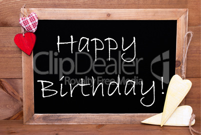 Balckboard With Heart Decoration, Text Happy Birthday, Wooden Background