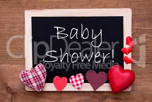 Balckboard With Red Heart Decoration, Text Baby Shower, Wooden Background