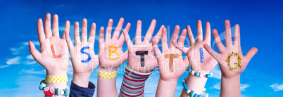 Children Hands Building Word LSBTTIQ Means LSBTQ, Blue Sky