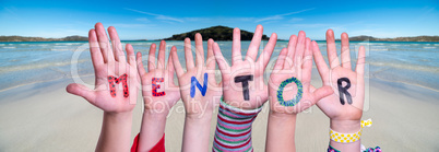 Children Hands Building Word Mentor, Ocean Background