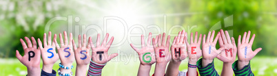 Children Hands Building Word Pssst Geheim Means Pssst Secret, Grass Meadow