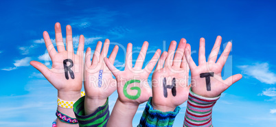 Children Hands Building Word Right, Blue Sky