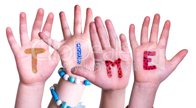 Children Hands Building Word Time, Isolated Background