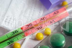 The thermometer shows an elevated temperature for a coronavirus infection