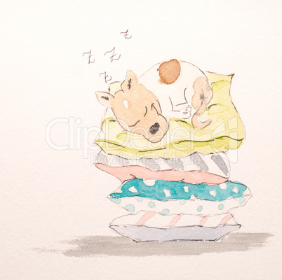 Terrier sleeping contentedly on a high stack of cozy pillows