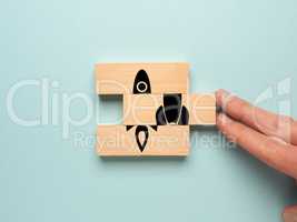 Start up concept with wooden blocks on a blue background