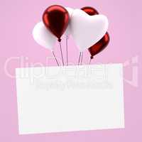 Shiny balloons with a blank card on pink