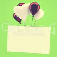 Shiny balloons with a blank card on green vintage color stylized