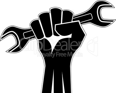 Raised fist holding a wrench icon vector. Clenched fist holding open end wrench vector. Hand holding work tool icon. Black and white revolution hand icon isolated on a white background