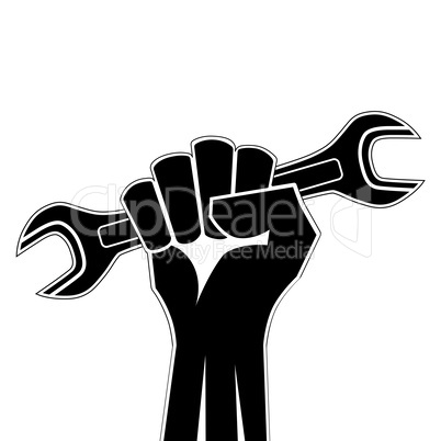 Raised fist holding a wrench icon vector. Clenched fist holding open end wrench vector. Hand holding work tool icon. Black and white revolution hand icon isolated on a white background