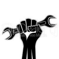 Raised fist holding a wrench icon vector. Clenched fist holding open end wrench vector. Hand holding work tool icon. Black and white revolution hand icon isolated on a white background
