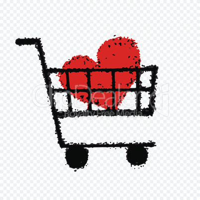Shopping cart with heart icon thin line for web and mobile, modern minimalistic flat design. Vector icon with dark grey outline and offset colour on light grey background.