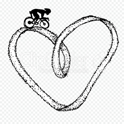 Sportsman ride by cycle on heart infinity symbol. Vector illustration.