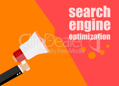 SEO. search engine optimization. Flat design business concept Digital marketing business man holding megaphone for website and promotion banners.