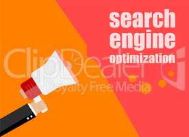 SEO. search engine optimization. Flat design business concept Digital marketing business man holding megaphone for website and promotion banners.