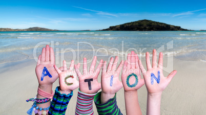 Children Hands Building Word Action, Ocean Background