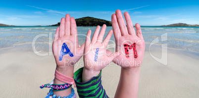 Children Hands Building Word Aim, Ocean Background