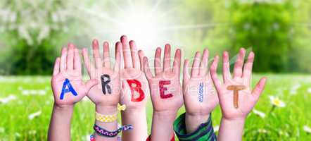 Children Hands Building Word Arbeit Means Work, Grass Meadow