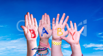 Children Hands Building Word Baby, Blue Sky