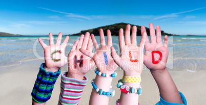 Children Hands Building Word Child, Ocean Background