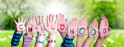 Children Hands Building Word Childhood, Grass Meadow