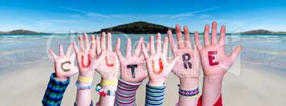 Children Hands Building Word Culture, Ocean Background