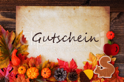 Old Paper With Autumn Decoration, Gutschein Means Voucher