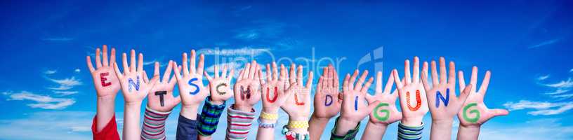 Children Hands Building Word Entschuldigung Means Apology, Blue Sky