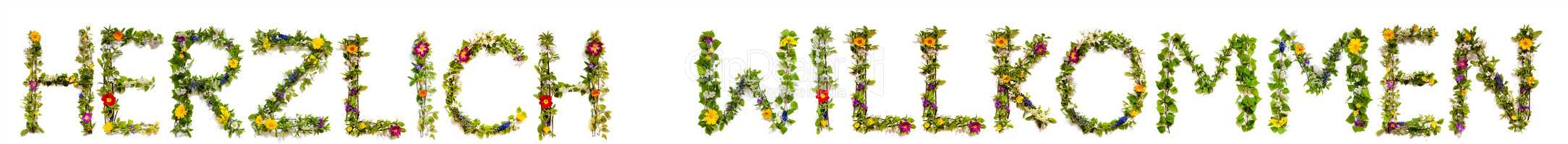 Flower And Blossom Letter Building Word Herzlich Willkommen Means Welcome