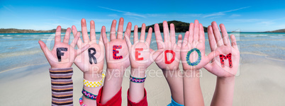 Children Hands Building Word Freedom, Ocean Background