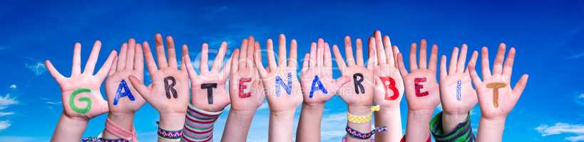 Children Hands Building Word Gartenarbeit Means Gardening, Blue Sky