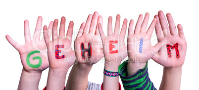 Children Hands Building Word Geheim Means Secret, Isolated Background