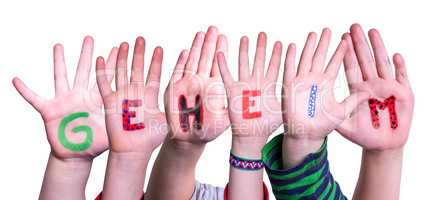Children Hands Building Word Geheim Means Secret, Isolated Background