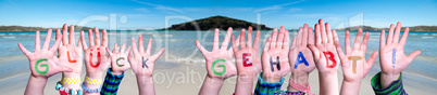 Children Hands Building Word Glueck Gehabt Means Lucky, Ocean Background