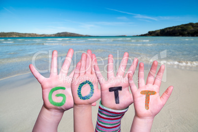 Children Hands Building Word Gott Means God, Ocean Background