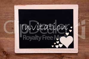 Balckboard With Wooden Heart Decoration, Text Invitation, Wooden Background