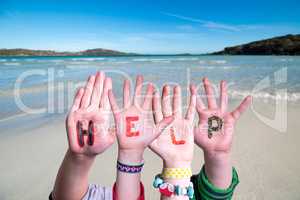 Children Hands Building Word Help, Ocean Background