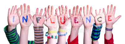 Children Hands Building Word Influence, Isolated Background
