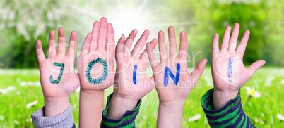 Children Hands Building Word Join, Grass Meadow