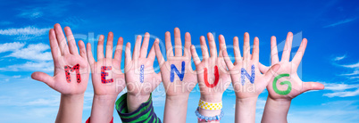 Children Hands Building Word Meinung Means Opinion, Blue Sky