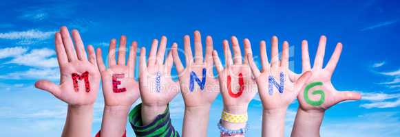 Children Hands Building Word Meinung Means Opinion, Blue Sky