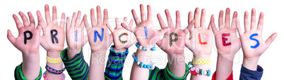 Children Hands Building Word Principles, Isolated Background