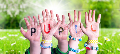 Children Hands Building Word Pupil, Grass Meadow