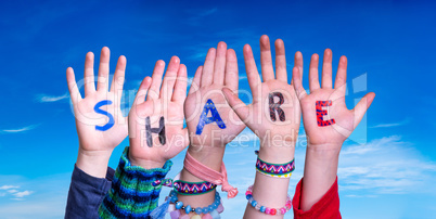 Children Hands Building Word Share, Blue Sky