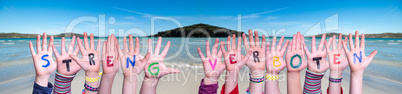 Hands Building Word Streng Verboten Means Strictly Forbidden, Ocean Background