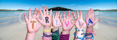 Children Hands Building Word Trivia, Ocean Background